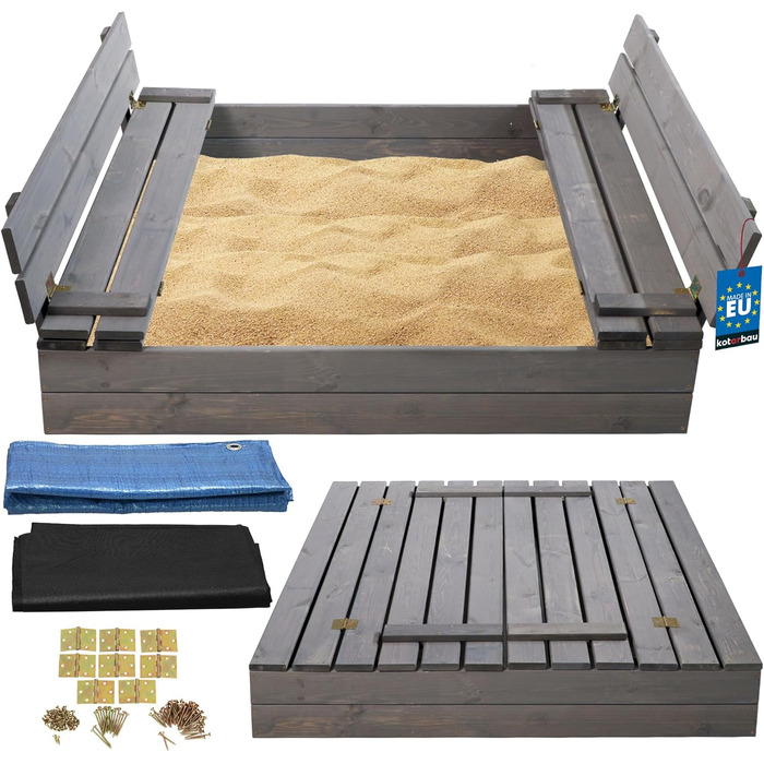 Пісочниця KOTARBAU® з кришкою, 120x120 см, дерево, сіра, з лавками