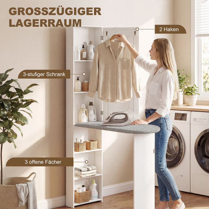 Шафа для прасувальної дошки зі дзеркалом та полицями, компактна, біла - 106x35x174 см