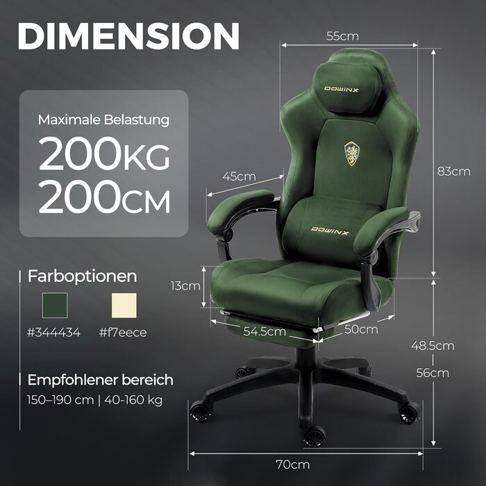 Ігрове крісло Dowinx з масажем попереку, регульованою підголівником, потовщеним сидінням, висувною підніжкою, регульованими підлокітниками, мікрофіброю велюром, нахилом 160°, (зелене)