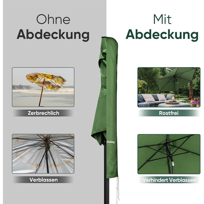 Захисний чохол Sekey для парасольки 300 см | З монтажним стрижнем та блискавкою (175×30,5/36,5 см) – Водонепроникний, UV 50+ (175 см x 30,5/36,5 см, М'ятний)
