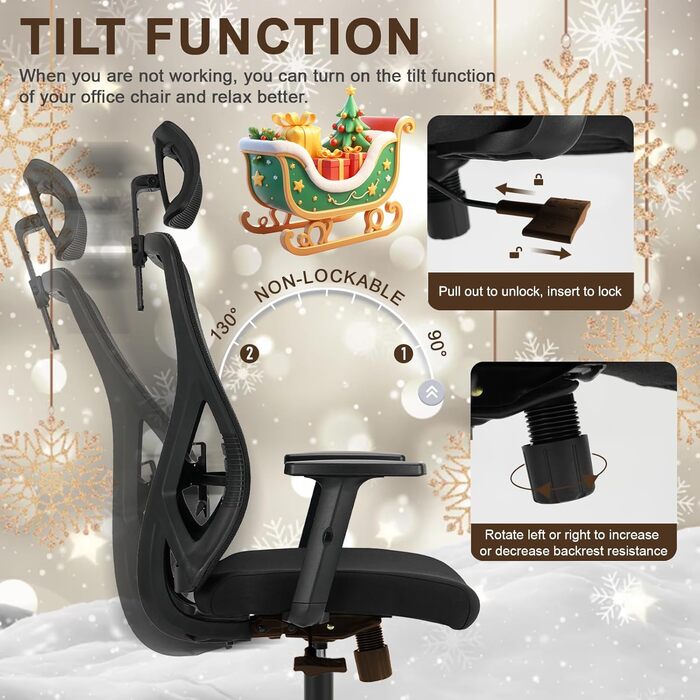 Ергономічне офісне крісло з підголівником та поперековою підтримкою, поворотне, з регульованими підлокітниками, чорне, для дому та офісу