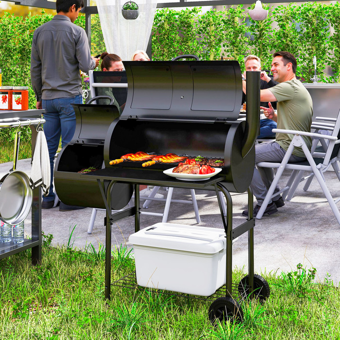 Сталевий вугільний гриль Outsunny BBQ Smoker з кришкою, термометром, колесами, полицею, рухомий гриль-візок з регулюванням подачі повітря, вугільний кошик, вугільний гриль для барбекю, кемпінгу, саду 109x60x120 см | Aosom