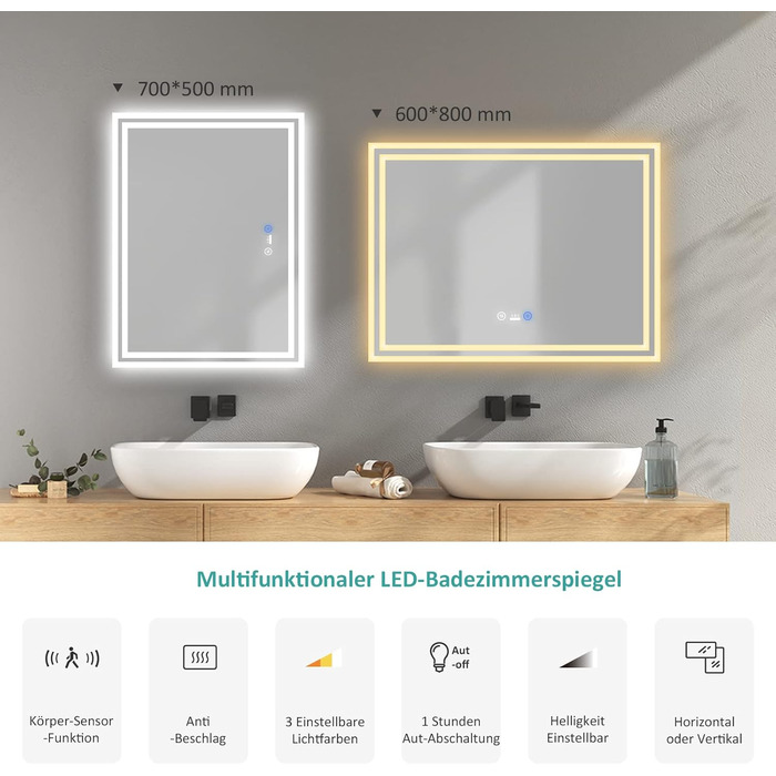 Дзеркало для ванної кімнати EMKE з підсвічуванням 80x60 см, LED, з датчиком руху, сенсорне, проти запотівання, 3 кольори світла, регулювання яскравості, таймер 1 год, IP44, енергозберігаюче