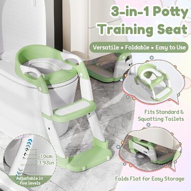 Універсальний дитячий сидіння на унітаз 3-в-1 з драбинкою, зелений – тренажер для хлопчиків та дівчаток, зручний унітаз-горщик для привчання до туалету