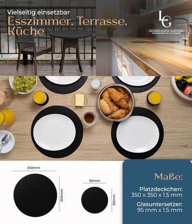 Набори серветок Garnier® з еко-шкіри, 4 шт. – миючі, стійкі, з антиковзаючою поверхнею – з екологічної переробленої шкіри, Made in Germany (круглі, чорні)