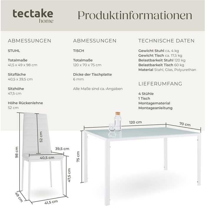 Набір меблів для кухні tectake: стіл та 4 стільці, білий колір, стільниця з безпечного скла, стільці з міцної екошкіри