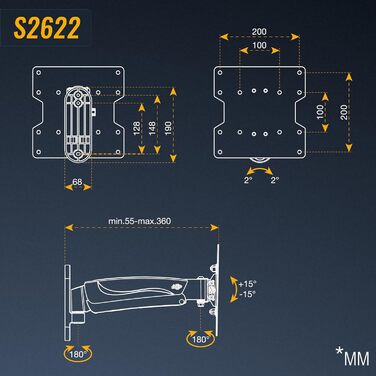 Кріплення для монітора RICOO S2711: поворотне, на газовій пружині, для моніторів 13-34 дюймів, регулювання висоти, VESA 75 & 100