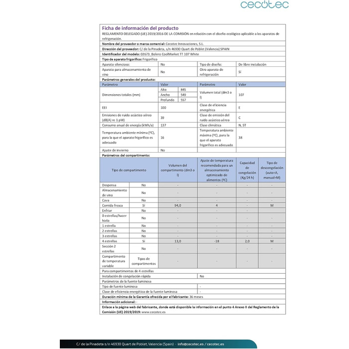 Міні-холодильник Cecotec Bolero CoolMarket TT 107: 107 л, клас E, регулювання температури, ящик для овочів, морозильна камера, тиха робота, чорний/білий
