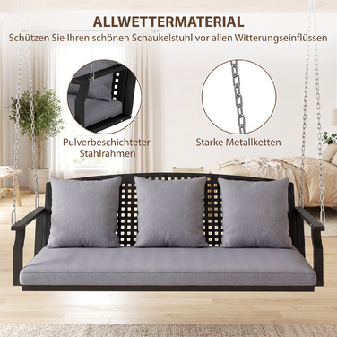 Гойдалка для веранди на 3 особи, садова гойдалка-лавка з 3 спинками, сидінням, кріпленням для підвішування, сірого кольору