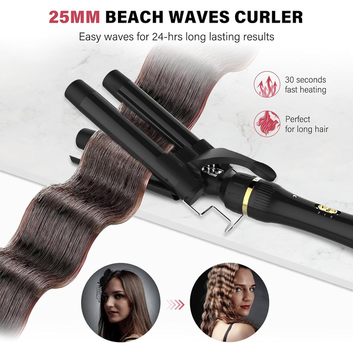 Набір локшини Janelove 5 в 1: керамічний локшик 10-32 мм з різними насадками, регульована температура, рукавички та нейлонова сумка (рожеве золото)