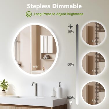 LED дзеркало для ванної кімнати AllRight з підсвічуванням 50 см, кругле, димування, 3 кольори світла, сенсорне керування, антизапар, для макіяжу та гоління