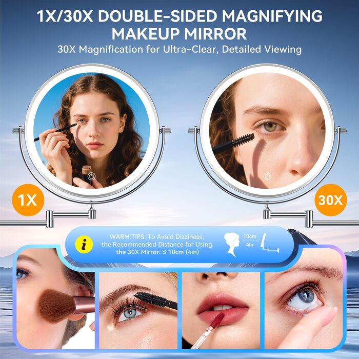 Дзеркало для макіяжу Auxmir з підсвічуванням, перезаряджуване, 3200mAh, для гоління, настінне, з регулюванням яскравості, 3 кольори світла, 360° обертання, для ванної кімнати (срібний, 30X, 10 дюймів)