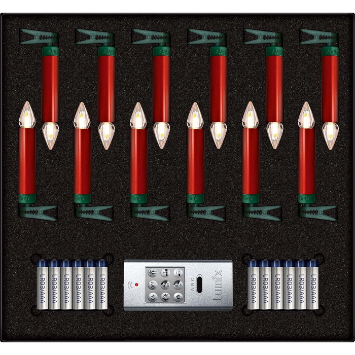 Світлодіодні свічки для ялинки Lumix® SuperLight Flame Metallic Mini Red 9cm, тепле біле світло, набір 12 шт. з пультом керування, 77146