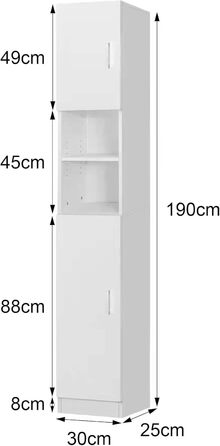 Тумба для ванної кімнати ML-Design біла, 30x190x30 см, Висока шафа з 6 відділеннями, 2 двері, МДФ Дерево (Модель 2)