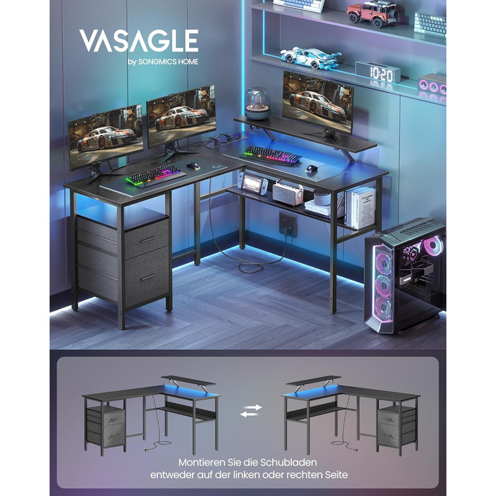 Письмовий стіл VASAGLE L-подібний з розетками, LED, USB, 150x120x76 см, домашній офіс, LWD095K01 (чорне дерево)