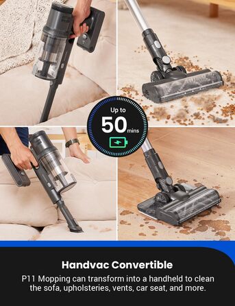 Бездротовий пилосос Proscenic P15: 55KPa, 580W, 70 хв, LED дисплей, антизаплутування, фільтр 6 шарів, для килимів, твердих поверхонь, шерсті тварин, автосалону (світло-сріблястий)