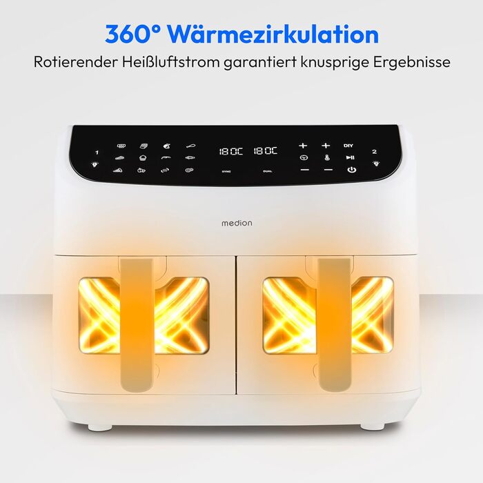 MEDION P20 XXL Фритюрниця для повітряного приготування з 2 камерами (8,7 л, Airfryer, 2600 Вт, подвійна камера, 10 автоматичних програм, 2 ящики, віконце, Dual Airfryer, ILAG PFAS-free, MD11760) матово-білий