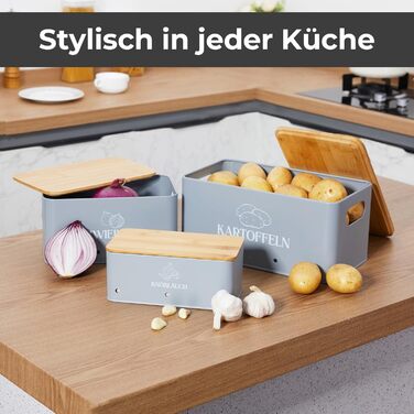 Набір контейнерів для зберігання овочів на кухні 3 шт. – для картоплі, цибулі та часнику з бамбуковими кришками – Набір для зберігання картоплі, цибулі та часнику сірого кольору