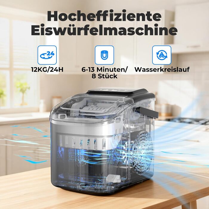 Машина для приготування льоду 12 кг/24 год, компактна модель 1,2 л, самоочищення, кошик/лопатка для льоду, 8 кубиків за 6-9 хвилин, для кухні/офісу/вечірки/дому/RV