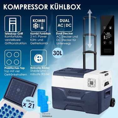 Електрична термохолодильник KESSER® Kompressor на 30 літрів, Navyblau з APP-керуванням, USB, 12/24V/230V, -20°C для авто, вантажівки, човна