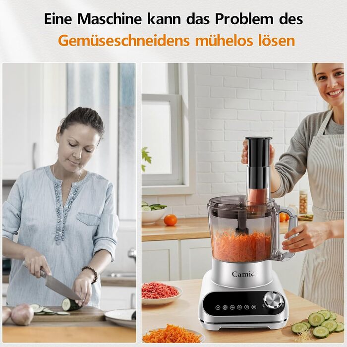 Кухонний комбайн Camic 1500W з мискою 2.5л, 6 програм, подрібнювач, нарізач, міксер, аксесуари, для дому, сріблястий