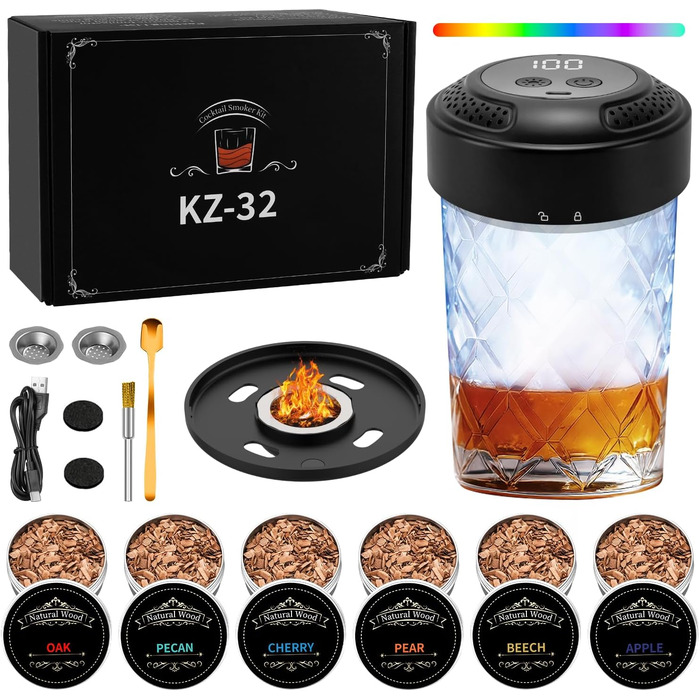 Електричний набір для копчення віскі, подарунковий набір для чоловіків, для приготування коктейлів, з 6 смаками, дерев'яні стружки, подарунок на день народження, різдвяний подарунок