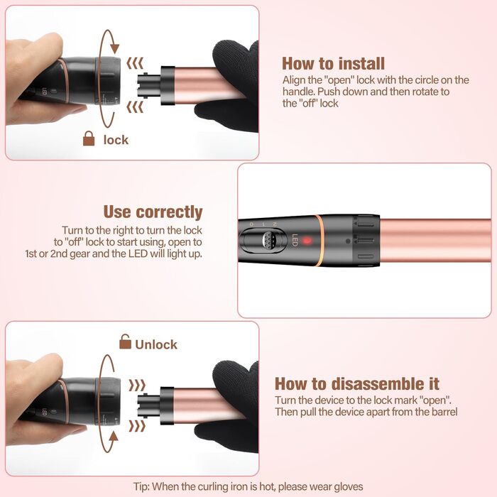 BESTOPE PRO Набір для завивки волосся 5-в-1 – 3 керамічні насадки для великих локонів та хвиль – швидкий нагрів, 2 температурні режими, локонові щипці з рукавичкою та 2 зажимами, антифrizz, подвійне напруження, рожеве золото