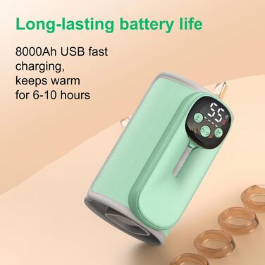Підігрівач молока бездротовий з LED дисплеєм температури, 8000mAh, для дитячих пляшок, в подорожах, 6 режимів, швидкий нагрів, USB-C зарядка, термоізоляційний чохол для материнського молока, блакитний (зелений)