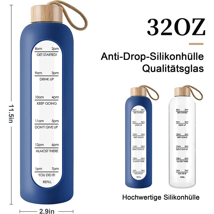 Скляна пляшка для пиття об'ємом 1 л з позначками часу -1 літр герметична спортивна скляна пляшка для води з бамбуковою кришкою для занять спортом, відпочинку, 1000 мл багаторазова небитка скляна пляшка для пиття з силіконовим покриттям (d синій)