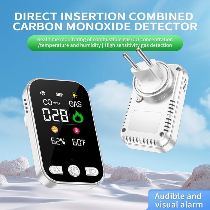 Датчик газу та CO 4-в-1 з розеткою для дому: виявлення газу, CO, LPG, метану, пропану, бутану. HD12 білий (чорний 2 шт.)