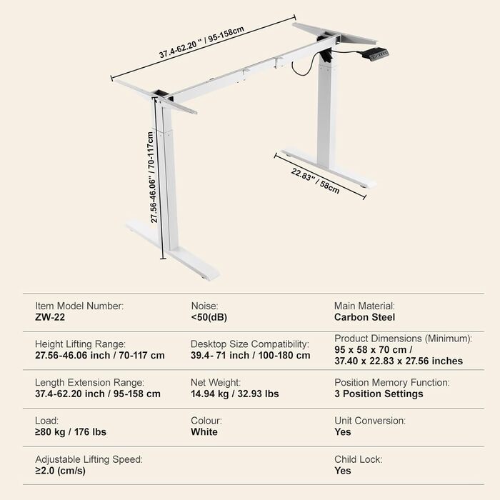 Електричний підйомний механізм для столу VEVOR з подвійним мотором, регулювання висоти 65-129 см та довжини 110-178 см, ергономічна основа для робочого місця, 3 позиції (тільки каркас), 2 мотори, білий, 70-117 см