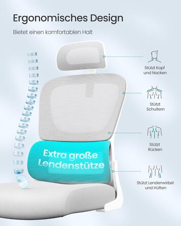 Офісне крісло SONGMICS з ергономічною спинкою з сітки, з регульованою підголівником та поперековою підтримкою, для дому та офісу, сірого кольору (OBN041G01)