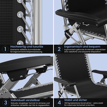 Лежак ELONEO розкладний преміум з подушкою, сонячний лежак для саду, вологостійкий, широка спинка, регульована, з подушкою для шиї та тримачем для напоїв, антрацит