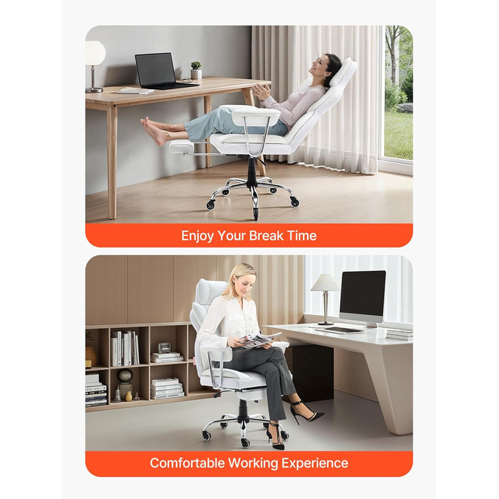 Крісло офісне VEVOR з PU шкірою, біле, для начальника з підніжкою, регульоване по висоті, до 181,43 кг, 860 x 610 мм, поворотне