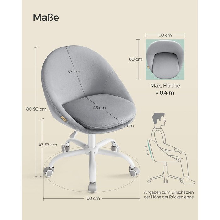 Крісло SONGMICS для офісу та дому, крісло для макіяжу з велюру, регульоване по висоті, сіре, OBG020G04