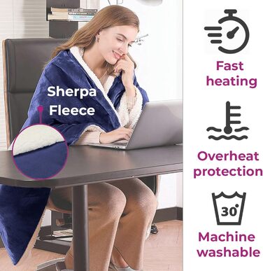 Електрична ковдра з підігрівом Neo, м'яка, з фланнелі та шерпою, двостороння, темно-синя