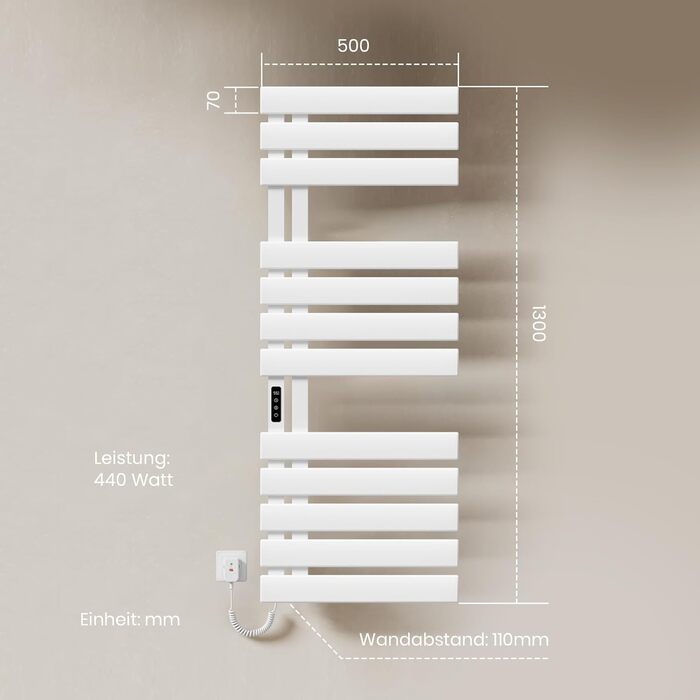 Електричний рушникосушар EMKE з Wi-Fi, 1000x500 мм, 320W, чорний (правий)