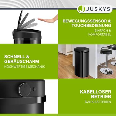 Сміттєвий бак Juskys для кухні з датчиком руху, 60 л, чорний, з кришкою-затискачем для пакетів, нержавіюча сталь, безконтактне відкривання