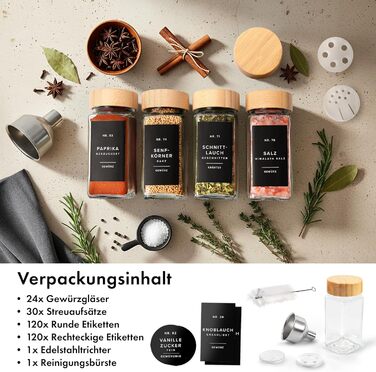 Набір бамбукових скляних баночок для спецій (24 x 120 мл) з ситечком та 240 етикетками. Організатор для спецій, контейнери для спецій, баночки для спецій. Розміри: 11x4,5 см