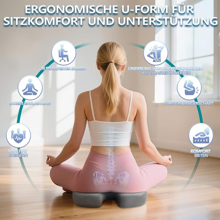 Ортопедична подушка для сидіння Ecosafeter з піною Memory Foam - покращує кровообіг та знімає напругу з куприка. Ергономічна подушка для офісного, комп'ютерного стільця та інвалідного візка (Сірий)