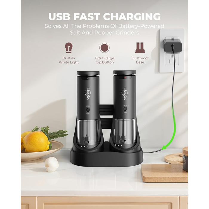 Електричні млини для солі та перцю Sangcon, 2 швидкості, перезаряджувані, 6 ступенів помелу, автоматичний набір з док-станцією, для зручного використання, сірий + чорний