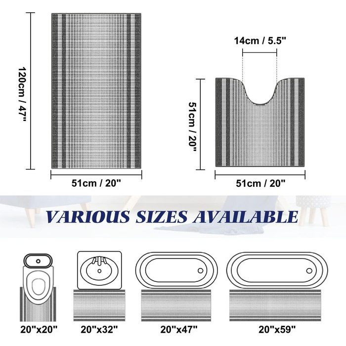 Набір килимків для ванної McEu з 3 предметів, нековзні миються Килимки для ванної 120x51 см 66x44 см і U-подібний контурний килимок для унітазу 551 см, абсорбуючий килимок для ванної з мікрофібри синель для ванної кімнати, (120x51 см551 см, темно-сірий)
