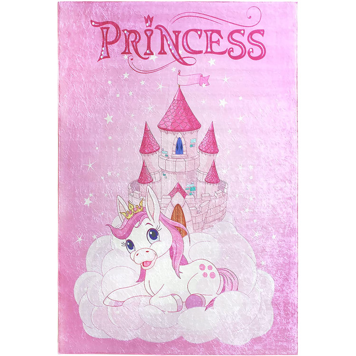Килим Mynes Home, який можна прати, дитячий рожевий для дівчаток/принцес Замок коня/Дитячі килими, які можна прати в пральній машині / Нековзна підкладка / Розмір 120x170 см 120 x 170 см
