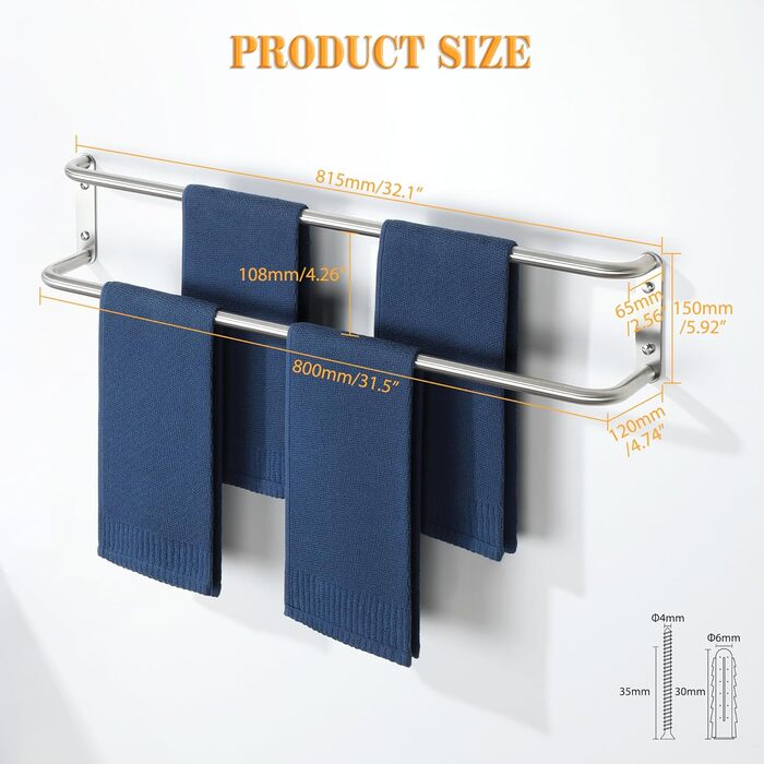 Тримач для рушників подвійний з нержавіючої сталі 304, 80 см, для ванної кімнати та кухні