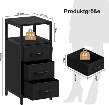 Нічний столик з підзарядкою та LED, приліжний столик з 3 висувними ящиками з тканини, нічний столик з полицею, відкрите відділення, 2 розетки AC, USB та Typ C порти, для спальні, вітальні, офісу (25x30x60 см, Чорний, 2)