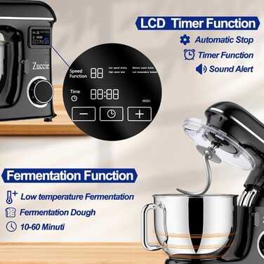 Кухонна машина 1500W 8L з 6 швидкостями, функцією ферментації та LCD-дисплеєм. В комплекті міксер, гак для тіста та вінчик. Чорний колір.