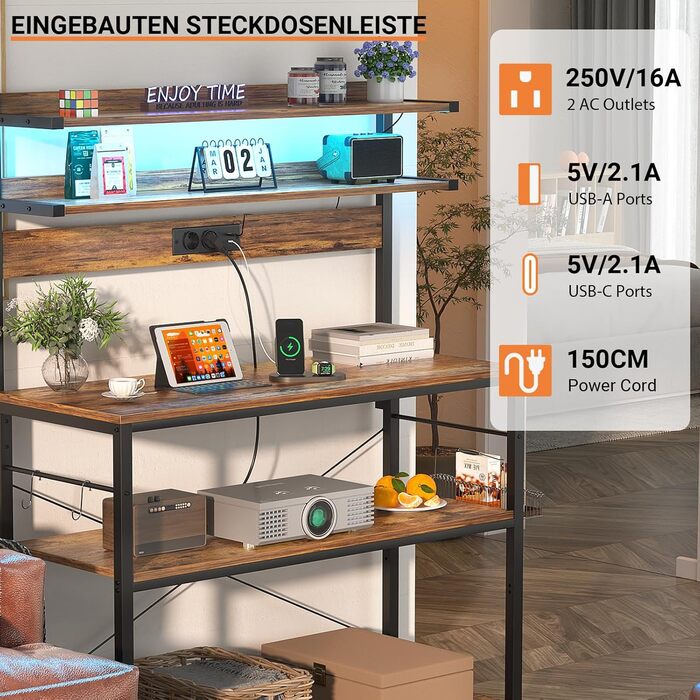 Кухонна полиця-стійка з розеткою, підставка для мікрохвильовки, 5-ярусна кавобар з LED-підсвічуванням, полиця для спецій, каструль та сковорідки, коричнева, 80 см