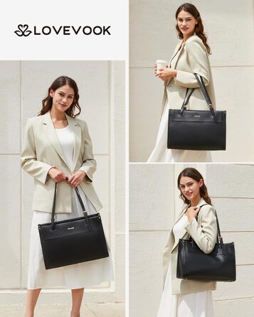 LOVEVOOK Сумка для ноутбука 15.6 дюймів, жіноча, велика, водонепроникна, сумка-шоппер, ділова, з PU шкіри, для офісу, навчання, чорна