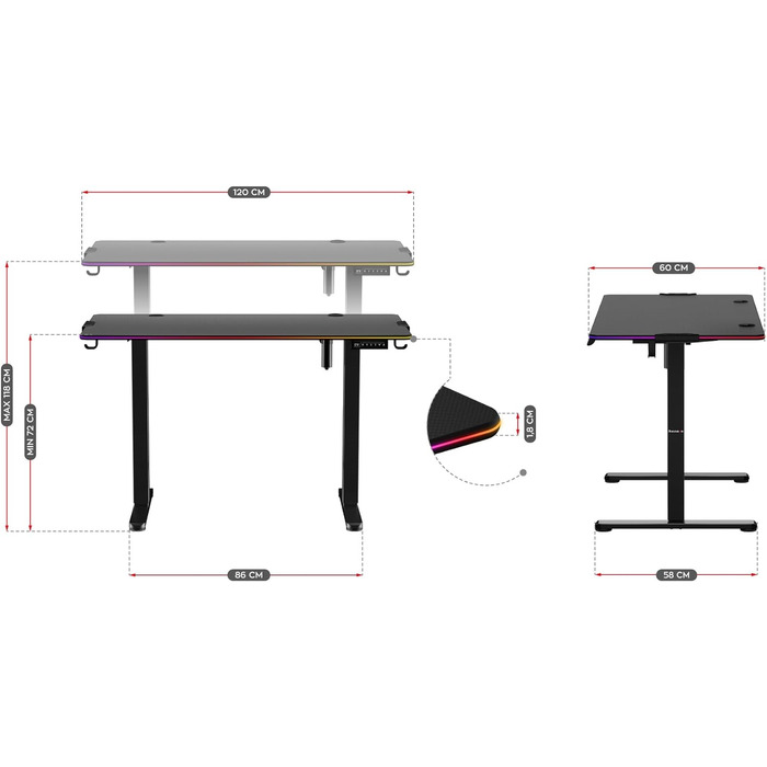 Стіл Електричний комп'ютерний стіл Офісний стіл Стіл Барний стіл 120 х 60 см Регулюється по висоті Плавно регульована 3-х плата пам'яті для керування пам'яттю Металева конструкція (Чорний RGB), 8.2