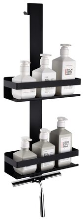 Настінна полиця для душу з 2 ящиками, SUS304 нержавіюча сталь, матовий чорний, з гачками, для скляних душових кабін